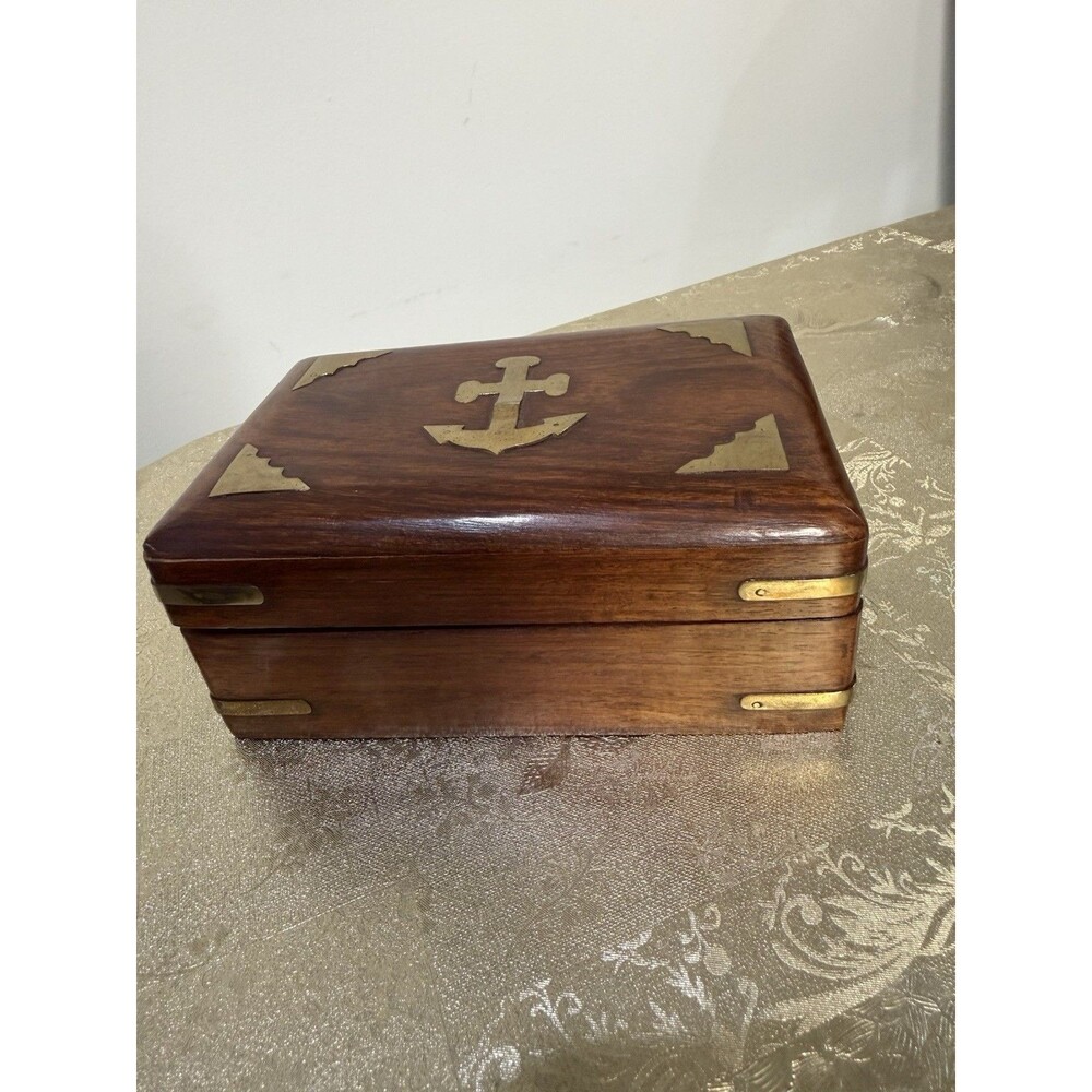 Nautical Wooden Keepsake Jewelry Box with Brass Anchor Inlay – Made in India